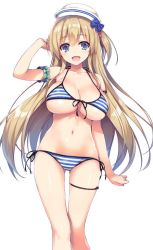Rule 34 | 1girl, arms up, bikini, blonde hair, blue eyes, breasts, hat, large breasts, long hair, looking at viewer, open mouth, original, ribbon, simple background, solo, string bikini, striped bikini, striped clothes, swimsuit, thigh gap, tomose shunsaku, white background