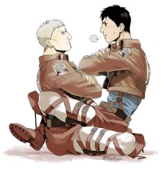 Rule 34 | 2boys, bertolt hoover, blonde hair, blush, brown hair, collared jacket, couple, cropped jacket, crossed arms, eye contact, from side, full body, jacket, leather, leather jacket, looking at another, male focus, multiple boys, nene (10575936), pout, reiner braun, shingeki no kyojin, short hair, sitting, sitting on person, sweatdrop, three-dimensional maneuver gear, yaoi