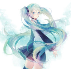 Rule 34 | 1girl, chizu (fiute), detached sleeves, green eyes, green hair, hatsune miku, headset, long hair, looking back, matching hair/eyes, necktie, solo, thighhighs, twintails, very long hair, vocaloid