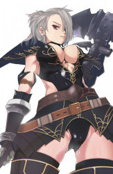 Rule 34 | 1girl, akinaie, armlet, armor, belt, black thighhighs, boots, breasts, cameltoe, capcom, cleavage, elbow gloves, foreshortening, from below, gloves, grey hair, hair ornament, hair over one eye, hair tubes, huge weapon, large breasts, leotard, looking at viewer, midriff, mole, monster hunter, monster hunter (series), monster hunter frontier, naughty face, no bra, noir (armor), ponytail, red eyes, scythe, short hair, side slit, simple background, skirt, smile, solo, standing, strap, thigh boots, thighhighs, turtleneck, underboob, weapon, yoshio (55level), zettai ryouiki