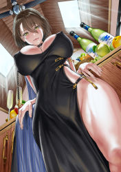Rule 34 | 1girl, ahoge, asymmetrical clothes, azur lane, baltimore (azur lane), baltimore (evening breeze minuet) (azur lane), black dress, blue cape, blush, bottle, braid, breasts, brown hair, cape, ceiling fan, cleavage, closed mouth, covered erect nipples, cup, dorian oishiiyo, dress, drinking glass, evening gown, food, from below, fruit, hair behind ear, hair between eyes, hand fan, indoors, large breasts, leaning back, official alternate costume, short hair, side braid, side slit, sideless outfit, smile, thick thighs, thighs, two-tone cape, underboob, window, yellow eyes