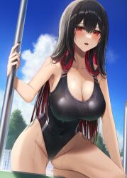 Rule 34 | 1girl, absurdres, amane sora, black hair, black nails, blue sky, blush, breasts, cleavage, cloud, colored inner hair, covered navel, day, groin, heart, heart-shaped pupils, highleg, highleg swimsuit, highres, large breasts, long hair, looking at viewer, mole, mole on breast, mole on thigh, mole under mouth, multicolored hair, one-piece swimsuit, open mouth, original, outdoors, pool, pool ladder, red eyes, red hair, sky, solo, swimsuit, symbol-shaped pupils, two-tone hair, very long hair, wet