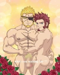 Rule 34 | bara, couple, crossover, english text, eyepatch, fate (series), flower, gyee, male focus, markus (gyee), muscular, muscular male, napoleon bonaparte (fate), rose, scar, silverace, sparkle background, yaoi