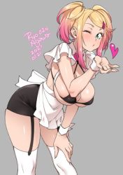Rule 34 | 1girl, 2021, agawa ryou, aqua eyes, bikini, black bikini, black skirt, blonde hair, blowing kiss, breasts, commentary, dated, english commentary, grey background, hand on knee, hand on own knee, heart, large breasts, one eye closed, original, parted lips, pink hair, short twintails, simple background, skindentation, skirt, solo, swimsuit, thighhighs, thighs, twintails, white thighhighs, wink