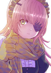 Rule 34 | 1girl, camouflage gloves, camouflage scarf, cz2128 delta, eyepatch, gloves, green eyes, hair ornament, hairclip, long hair, looking at viewer, maid headdress, overlord (maruyama), pink hair, rurukichi, scarf, simple background, solo, thumbs up, upper body, white background