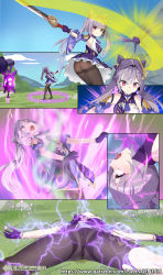 Rule 34 | 2girls, absurdres, ass, bare shoulders, cicin (genshin impact), cicin mage (genshin impact), defeat, dress, electricity, electro cicin mage (genshin impact), electrocution, genshin impact, gloves, hair ornament, highres, keqing (genshin impact), lantern, long hair, looking down, lying, multiple girls, mvv, on back, open mouth, out of frame, panties, panties under pantyhose, pantyhose, peeing, peeing self, purple dress, purple eyes, purple hair, rolling eyes, ryona, screaming, short dress, skirt, solo focus, sword, tongue, tongue out, twintails, underwear, weapon