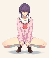 Rule 34 | 1girl, :q, black panties, blush, brown background, brown footwear, cardigan, closed mouth, collarbone, facing viewer, full body, hair over eyes, kneehighs, loafers, long sleeves, mole, mole under mouth, naughty face, neckerchief, no pants, original, othel (hatimorris), panties, pantyshot, pink cardigan, purple hair, red neckerchief, sailor collar, school uniform, serafuku, shoes, short hair with long locks, sidelocks, simple background, socks, solo, spread legs, squatting, thighs, tongue, tongue out, underwear, white sailor collar, white socks