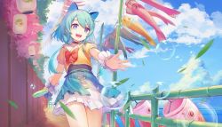 Rule 34 | 1girl, ahoge, animal ears, aqua hair, bamboo, bamboo fence, bubble, candy, carp, cat ears, cherry blossoms, children&#039;s day, cloud, collar, detached sleeves, falling leaves, fence, food, gradient eyes, highres, koinobori, lantern, leaf, lollipop, multicolored eyes, official art, ribbon, riko (smc), sky, smile, super mecha champions, windsock