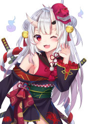 Rule 34 | 1girl, ;d, absurdres, bare shoulders, bell, black kimono, blush, claw pose, commentary request, double bun, fangs, hair bell, hair bun, hair ornament, hand up, highres, hololive, horns, ikazu401, japanese clothes, jingle bell, katana, kimono, long hair, long sleeves, looking at viewer, mask, mask on head, multicolored hair, nail polish, nakiri ayame, nakiri ayame (1st costume), obi, one eye closed, oni, oni mask, open mouth, pink nails, red eyes, red hair, sash, silver hair, skin-covered horns, smile, solo, streaked hair, sword, very long hair, virtual youtuber, weapon, wide sleeves