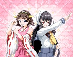 Rule 34 | &gt;:), &gt;:3, + +, 2girls, :3, apron, bare shoulders, black hair, blush, brown hair, clenched hand, clenched hands, detached sleeves, flipped hair, hair ornament, hair ribbon, hairband, head scarf, headgear, heart, heart background, hiei (kancolle), isokaze (kancolle), japanese clothes, kamen rider, kantai collection, long hair, long sleeves, looking at viewer, multiple girls, no gloves, nontraditional miko, parody, pink apron, plaid, pleated skirt, red eyes, ribbon, ribbon-trimmed sleeves, ribbon trim, school uniform, serafuku, short hair, skirt, smile, sparkle, sparkling eyes, symbol-shaped pupils, tenugui, tk8d32, tress ribbon, v-shaped eyebrows