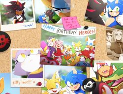 Rule 34 | 5girls, 6+boys, absurdres, amy rose, animal ears, arm up, bat ears, bat girl, birthday party, black fur, blaze the cat, blue eyeshadow, blue fur, cat ears, cat girl, charmy bee, cheese (sonic), closed eyes, cream the rabbit, crocodilian, crossed arms, dress, espio the chameleon, eyelashes, eyeshadow, forehead jewel, furry, furry female, furry male, gloves, green eyes, happy birthday, highres, indigonite, jacket, knuckles the echidna, looking at viewer, makeup, maria robotnik, multiple boys, multiple girls, open mouth, orange dress, orange fur, pants, photo (object), pink fur, purple fur, purple jacket, red dress, red fur, rouge the bat, shadow the hedgehog, smile, sonic (series), sonic the hedgehog, sticky note, tails (sonic), vector the crocodile, white fur, white gloves, white pants