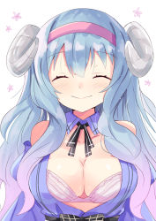 Rule 34 | 1girl, bare shoulders, blue collar, blue hair, blue shirt, blue sleeves, blush, bra, breasts, cleavage, closed eyes, closed mouth, collar, collarbone, commentary request, copyright request, curled horns, detached sleeves, detached wings, facing viewer, floral background, gradient hair, hair between eyes, hairband, highres, hizaka, horns, juliet sleeves, long hair, long sleeves, medium breasts, multicolored hair, pink bra, pink hair, pink hairband, puffy sleeves, sheep horns, shirt, simple background, smile, solo, underwear, upper body, white background, wing collar, wings