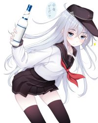 Rule 34 | 10s, 1girl, alcohol, anchor symbol, black thighhighs, blue eyes, commentary request, cowboy shot, flat cap, hair between eyes, hat, hibiki (kancolle), highres, kantai collection, kiyomin, leaning forward, long hair, long sleeves, neckerchief, pleated skirt, sailor collar, school uniform, serafuku, skirt, smile, solo, thighhighs, translated, vodka, white background, white hair, zettai ryouiki