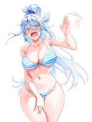 Rule 34 | 1girl, @ @, absurdres, aqua (konosuba), blue bra, blue eyes, blue hair, blue panties, blush, bra, breasts, collarbone, commentary, english commentary, hair between eyes, hair ornament, hand up, highres, kono subarashii sekai ni shukufuku wo!, large breasts, long hair, looking at viewer, machulanko, navel, open mouth, panties, ponytail, sidelocks, simple background, solo, standing, striped bra, striped clothes, striped panties, sweat, textless version, thick thighs, thighs, tongue, underwear, white background, white bra, white panties