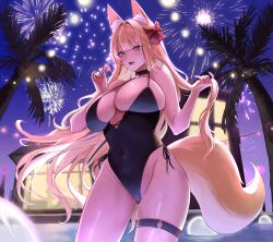 Rule 34 | 1girl, absurdres, aerial fireworks, animal ear fluff, animal ears, black choker, black one-piece swimsuit, bow, breasts, candy, casual one-piece swimsuit, choker, commentary request, commission, covered navel, cowboy shot, fang, fankey, fireworks, floating hair, food, fox ears, fox girl, fox tail, gluteal fold, green eyes, hair between eyes, hair bow, halterneck, highleg, highleg swimsuit, highres, holding, holding candy, holding food, holding lollipop, holding own hair, house, korean commentary, large breasts, large tail, lollipop, long hair, looking at viewer, night, o-ring, o-ring thigh strap, one-piece swimsuit, original, outdoors, palm tree, parted lips, pendant choker, pixiv commission, pool, red bow, saliva, saliva trail, side-tie swimsuit, solo, standing, swimsuit, tail, thigh strap, tongue, tongue out, tree, very long hair, wading, water