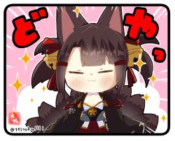 Rule 34 | 1girl, :3, = =, akagi-chan (azur lane), animal ears, azur lane, bell, black hair, blunt bangs, blush, bow, breasts, chibi, cleavage, commentary request, detached collar, doyagao, eyeshadow, fox ears, fox tail, hair bell, hair bow, hair ornament, hair ribbon, hairclip, hands on own hips, kitsune, kyuubi, long hair, long sleeves, looking at viewer, makeup, multiple tails, ribbon, sidelocks, signature, simple background, smug, solo, sparkle, tail, taisa (kari), translation request, twintails, twitter username, v-shaped eyebrows, wide sleeves