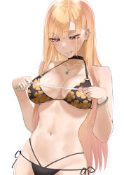 Rule 34 | 1girl, absurdres, bare arms, bare shoulders, bikini, black bikini, black choker, blonde hair, blush, breasts, choker, cleavage, closed mouth, collarbone, commentary, ear piercing, earrings, floral print, hands up, highres, holding, jewelry, kitagawa marin, long hair, medium breasts, multi-strapped bikini, multi-strapped panties, navel, piercing, print bikini, red eyes, simple background, solo, sono bisque doll wa koi wo suru, swimsuit, tape measure, throtem, tongue, tongue out, very long hair, white background