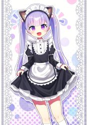 Rule 34 | :d, absurdres, alternate costume, apron, black dress, blush, commission, curtsey, doily, dress, enmaided, feet out of frame, highres, long hair, looking at viewer, maid, new game!, offbeat, open mouth, pixiv commission, purple eyes, purple hair, smile, socks, suzukaze aoba, twintails, waist apron, white socks