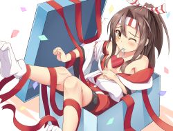 Rule 34 | 10s, 1girl, box, brown eyes, brown hair, headband, higejii, japanese clothes, kantai collection, one eye closed, ponytail, ribbon, solo, zuihou (kancolle)