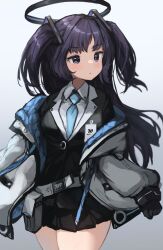 Rule 34 | 1girl, absurdres, ammunition pouch, belt, belt pouch, black coat, black gloves, black halo, black skirt, blazer, blue archive, blue eyes, blue hair, blue necktie, blush, breasts, coat, collared shirt, cowboy shot, gloves, hair ornament, halo, highres, jacket, lapels, long hair, long sleeves, looking at viewer, medium breasts, miniskirt, multicolored clothes, multicolored jacket, necktie, off shoulder, parted bangs, pleated skirt, pouch, shirt, simple background, skirt, solo, teruriu, triangle hair ornament, two-tone jacket, two side up, white background, white belt, white jacket, white shirt, yuuka (blue archive)