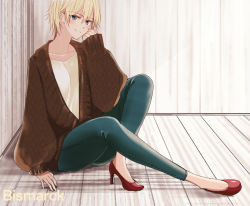 Rule 34 | 1girl, alternate costume, alternate hair length, alternate hairstyle, bismarck (kancolle), blue eyes, breasts, brown jacket, character name, closed mouth, commentary request, denim, hair between eyes, high heels, jacket, jeans, kajii supana, kantai collection, long sleeves, pants, red footwear, shirt, short hair, sitting, solo, white shirt