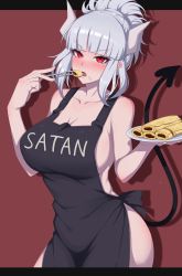 Rule 34 | 1girl, absurdres, apron, blush, breasts, cleavage, demon girl, demon horns, demon tail, food, food on face, fork, helltaker, highres, horns, looking at viewer, lucifer (helltaker), mole, mole under eye, naked apron, open mouth, pancake, plate, ponytail, red eyes, ruberule, shadow, silver hair, solo, tail