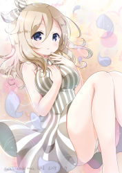 Rule 34 | 1girl, :d, aoyama blue mountain, blonde hair, blue eyes, blush, bow, breasts, collared dress, commentary request, dated, dress, gochuumon wa usagi desu ka?, hair between eyes, hair bow, hand on own chest, knees together feet apart, large breasts, long hair, looking at viewer, multicolored background, neki (wakiko), open mouth, panties, pantyshot, parted lips, petals, smile, solo, striped bow, striped clothes, striped dress, teeth, twitter username, underwear, vertical-striped clothes, vertical-striped dress, white panties, wing collar
