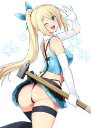 Rule 34 | 1girl, ass, axe, bare shoulders, blonde hair, blue eyes, blush, bow, breasts, clothes lift, elbow gloves, from behind, gloves, hair bow, hammer, haruhisky, highres, large breasts, long hair, looking at viewer, looking back, miniskirt, mirai akari, mirai akari project, open mouth, ponytail, shiny skin, sideboob, skirt, skirt lift, sledgehammer, smile, solo, thigh strap, thighhighs, thong, very long hair