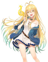Rule 34 | 1girl, :d, antenna hair, bare shoulders, belt, belt buckle, blonde hair, blue hair, blue jacket, blush, breasts, brown belt, brown eyes, buckle, collarbone, commentary request, copyright request, dress, frilled sleeves, frills, gradient hair, hair between eyes, hand up, highres, hyuuga azuri, index finger raised, jacket, long hair, looking at viewer, multicolored hair, novel illustration, off shoulder, official art, open clothes, open jacket, open mouth, round teeth, short sleeves, simple background, small breasts, smile, solo, teeth, upper teeth only, very long hair, white background, white dress