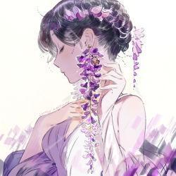 Rule 34 | 1girl, absurdres, artist name, bee, black hair, braid, bug, earrings, eyelashes, flower, flower earrings, from side, hair flower, hair ornament, hand on own chest, highres, insect, jewelry, original, parted lips, profile, purple flower, shade, shawl, simple background, sketch, sleeveless, solo, umishima senbon, upper body, white background, wisteria