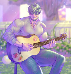 Rule 34 | 1boy, acoustic guitar, aged up, bara, bead bracelet, beads, beard, blurry, blurry background, bracelet, carless (ppanic), denim, facial hair, fire emblem, fire emblem: the binding blade, fire emblem: the blazing blade, green hair, guitar, hair over eyes, highres, holding, holding instrument, horse, instrument, jeans, jewelry, large pectorals, light particles, looking at viewer, lowen (fire emblem), male focus, muscular, muscular male, music, necklace, nintendo, pants, pectorals, playing instrument, short hair, singing, sitting, sleeves rolled up, smile, solo, sticker