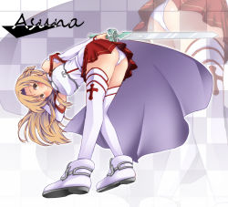 Rule 34 | 10s, 1girl, ass, asuna (sao), bent over, blush, brown eyes, brown hair, character name, colorized, goma azarasi, long hair, long legs, looking at viewer, panties, pantyshot, skirt, smile, solo, sword, sword art online, thighhighs, underwear, upskirt, weapon, white thighhighs, zoom layer