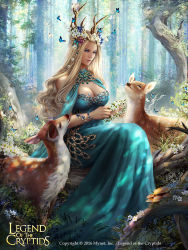 Rule 34 | 1girl, antlers, blonde hair, blue butterfly, blue dress, bracelet, braid, breasts, bug, butterfly, cleavage, copyright name, dated, deer, dress, eyeshadow, flower, forest, head wreath, highres, horns, insect, jewelry, large breasts, legend of the cryptids, long hair, makeup, mushroom, nature, official art, sitting, sitting on log, solan, watermark