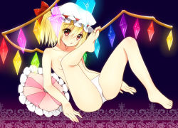 Rule 34 | 1girl, :o, asymmetrical hair, bad id, bad pixiv id, bare legs, barefoot, blonde hair, blush, bow, breasts, collarbone, feet, female focus, flandre scarlet, hair bow, hat, leg up, panties, panties only, pillow, purple background, red eyes, short hair, side ponytail, sitting, solo, embodiment of scarlet devil, topless, touhou, underwear, underwear only, white panties, wings, yadapot