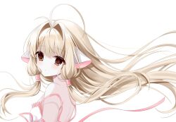 Rule 34 | 1girl, ahoge, back, blonde hair, brown eyes, chii, chobits, closed mouth, dress, floating hair, from behind, hair intakes, highres, light blush, long bangs, long hair, looking at viewer, pale skin, robot ears, sleeveless, sleeveless dress, solo, very long hair, white background, zhi zhi da maoxian