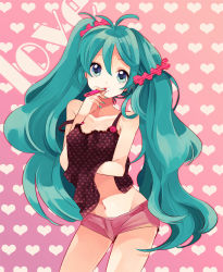 Rule 34 | 1girl, amezawa koma, antenna hair, aqua hair, aqua nails, bad id, bad pixiv id, blue eyes, brushing teeth, camisole, clothes lift, collarbone, contrapposto, cowboy shot, english text, fingernails, hand under clothes, hand under shirt, hatsune miku, heart, heart background, heart print, long hair, messy hair, nail polish, navel, pink background, print shirt, scrunchie, shirt, shirt lift, short shorts, shorts, solo, standing, strap slip, striped clothes, striped scrunchie, toothbrush, twintails, very long hair, vocaloid