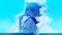 Rule 34 | 1girl, blue sky, blue theme, blurry, cevio, cloud, commentary request, depth of field, double bun, eating, floating hair, food, from side, hair bun, hair ornament, hairclip, hand up, highres, holding food, holding popsicle, koharu rikka, light blush, looking at viewer, looking to the side, midriff peek, open mouth, pleated skirt, popsicle, school uniform, serafuku, short hair, short sleeves, sirotuki, skirt, sky, solo, summer uniform, sweat, synthesizer v, upper body