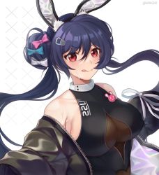 Rule 34 | 1girl, :p, allen m. sumner (azur lane), allen m. sumner (charming rabbit) (azur lane), animal ears, armpits, azur lane, bad id, bad twitter id, badge, bare shoulders, black hair, black jacket, black leotard, bodystocking, bow, breasts, button badge, cleavage cutout, clothing cutout, fake animal ears, highres, jacket, leotard, licking lips, long hair, looking at viewer, medium breasts, off shoulder, official alternate costume, open clothes, open jacket, playboy bunny, rabbit ears, red eyes, ribbon-trimmed clothes, ribbon trim, sideboob, tongue, tongue out, twintails, twitter username, underboob cutout, very long hair