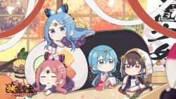 Rule 34 | 4girls, barefoot, blue eyes, blue hair, blurry, blurry background, blush, brown hair, character request, chibi, closed eyes, closed mouth, commentary request, daikyou (houchi shoujo), day, depth of field, dress, ehoumaki, elbow gloves, food, gloves, hair between eyes, highres, hood, hood up, houchi shoujo, indoors, kadomatsu, kagami mochi, makizushi, mini person, minigirl, multiple girls, parted bangs, parted lips, pink hair, red eyes, red footwear, shoes, shoukyou (houchi shoujo), smile, strap slip, sushi, thighhighs, totatokeke, white dress, white gloves, white thighhighs, window