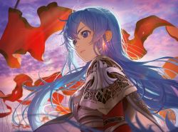Rule 34 | 1girl, armor, blue eyes, blue hair, breastplate, cape, earrings, eirika (fire emblem), fire emblem, fire emblem: the sacred stones, flag, from side, hair between eyes, jewelry, long hair, maze draws, nintendo, polearm, red flag, shoulder armor, solo, spear, twitter username, upper body, weapon, white cape