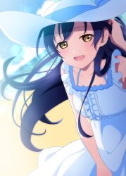 1girl absurdres beach blue_hair blurry blurry_background blush commentary_request dress floating_hair hat highres long_hair love_live! love_live!_school_idol_project marine_day open_mouth sky smile solo sonoda_umi sparkle sun_hat water white_dress white_hat yellow_eyes yuuki_ssr