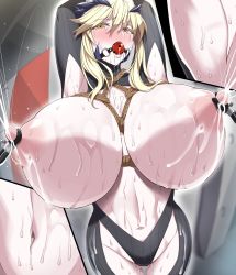 Rule 34 | 1girl, arms up, artoria pendragon (fate), artoria pendragon (lancer alter) (fate), ball gag, bdsm, blonde hair, blush, bondage, bound, breasts, crying, fate/grand order, fate (series), gag, gagged, highres, huge breasts, kloah, lactation, milk, navel, nipple stimulation, nipple torture, nipples, projectile lactation, restrained, rope, saliva, sweat, tears, wet