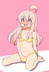 Rule 34 | 1girl, absurdres, ahoge, barefoot, blush, bra, breasts, collarbone, commentary request, female masturbation, fingering, full body, genderswap, genderswap (mtf), hair between eyes, hand in panties, highres, long hair, looking at viewer, masturbation, navel, no nose, onii-chan wa oshimai!, open mouth, oversized breast cup, oyama mahiro, paid reward available, panties, pink background, pink hair, red eyes, shiwasu no okina, sitting, small breasts, solo, strap slip, sweat, thighs, toes, underwear, underwear only, wariza, yellow bra, yellow panties