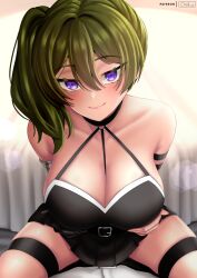 Rule 34 | 1girl, arm strap, bare shoulders, belt, between breasts, black belt, black choker, black dress, blush, breasts, choker, cleavage, closed mouth, commentary, commentary request, dress, english commentary, grabbing own breast, green hair, hair between eyes, highres, large breasts, leaning forward, long hair, looking at viewer, mixed-language commentary, o-ring, o-ring choker, oniilus, purple eyes, side ponytail, sitting, smile, solo, sousou no frieren, strap between breasts, thigh strap, ubel (sousou no frieren)