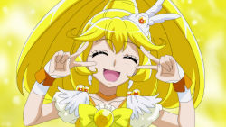 Rule 34 | 1girl, :d, anime coloring, blonde hair, blurry, blurry background, bow, choker, closed eyes, collarbone, cure peace, damascus (dearigazu2001), double v, earrings, facing viewer, hair between eyes, highres, jewelry, kise yayoi, long hair, open mouth, precure, short sleeves, smile, smile precure!, solo, upper body, v, v over eye, very long hair, wrist cuffs, yellow background, yellow bow, yellow choker
