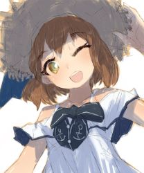 Rule 34 | 1girl, alchera, anchor symbol, brown eyes, brown hair, dress, hat, kantai collection, looking at viewer, one eye closed, open mouth, round teeth, short hair, simple background, smile, solo, spaghetti strap, straw hat, sun hat, sundress, teeth, upper body, upper teeth only, white background, white dress, yukikaze (kancolle)