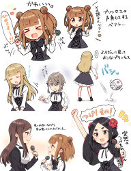 Rule 34 | &gt; &lt;, ..., 5girls, :d, absurdres, ange (princess principal), arm up, bad id, bad pixiv id, beatrice (princess principal), black dress, black eyes, black hair, black neckwear, blonde hair, blue eyes, blunt bangs, blush, bow, bowtie, brown eyes, brown hair, closed eyes, dice, dorothy (princess principal), double bun, dress, eighth note, flower, grey hair, hair between eyes, hair bun, hair flaps, hair flower, hair ornament, heart, highres, holding, holding microphone, long hair, long sleeves, microphone, multiple girls, musical note, open mouth, outstretched arm, princess (princess principal), princess principal, purple eyes, red flower, school uniform, shirt, side bun, single side bun, sleeveless, sleeveless dress, smile, sorimachi-doufu, spoken ellipsis, toudou chise, translation request, very long hair, white shirt, wide sleeves, xd