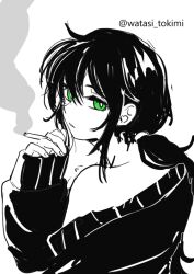 1girl andrew_graves artist_name black_sweater cigarette commentary english_commentary genderswap genderswap_(mtf) green_eyes holding looking_at_viewer off-shoulder_sweater off_shoulder ponytail sketch smoke smoke_trail smoking solo sweater the_coffin_of_andy_and_leyley twitter_username watasi_tokimi