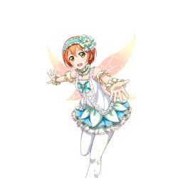 Rule 34 | 10s, 1girl, blush, bow, butterfly wings, choker, detached sleeves, dress, frilled choker, frilled dress, frills, hair ornament, hairband, hoshizora rin, idol, insect wings, lolita hairband, looking at viewer, love live!, love live! school idol festival, love live! school idol project, non-web source, official art, open mouth, orange hair, outstretched arm, pantyhose, print pantyhose, puffy detached sleeves, puffy sleeves, reaching, short hair, solo, standing, standing on one leg, third-party edit, transparent background, white background, white pantyhose, wings, wrist cuffs, yellow eyes
