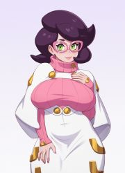 Rule 34 | 1girl, absurdres, bad id, bad twitter id, blush, breasts, buttons, closed mouth, commentary, creatures (company), game freak, glasses, green eyes, hand up, highres, large breasts, lipstick, long sleeves, looking at viewer, makeup, nail polish, nintendo, pink-framed eyewear, pink lips, pink nails, pokemon, pokemon sm, purple hair, ribbed sweater, riz, short hair, smile, solo, sweater, turtleneck, turtleneck sweater, wicke (pokemon)